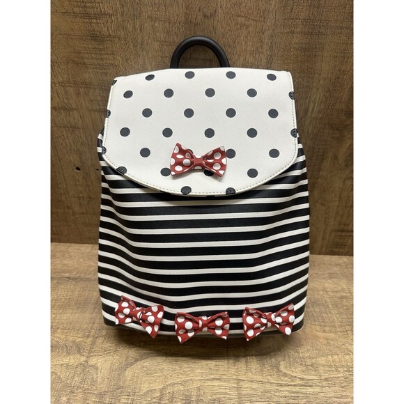 Disney Handbags - Disney Parks Paris Minnie Mouse black white stripe polkadot backpack